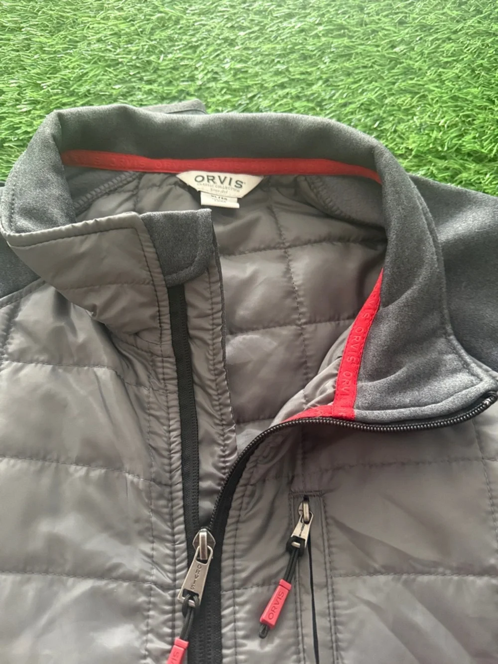 Orvis Gray and Black Quilted Hybrid Jacket with Red Trim